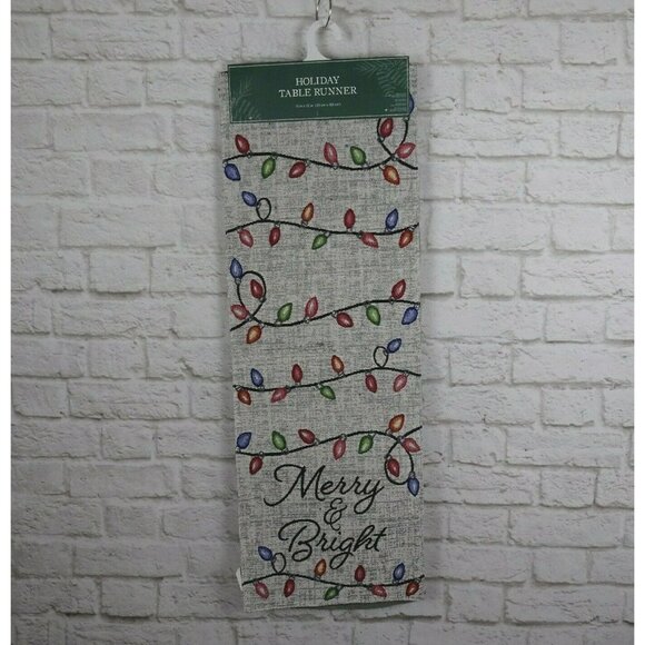 New Holiday Table Runner Christmas Lights Bulbs Merry & Bright Gray Multi Color - Picture 3 of 10